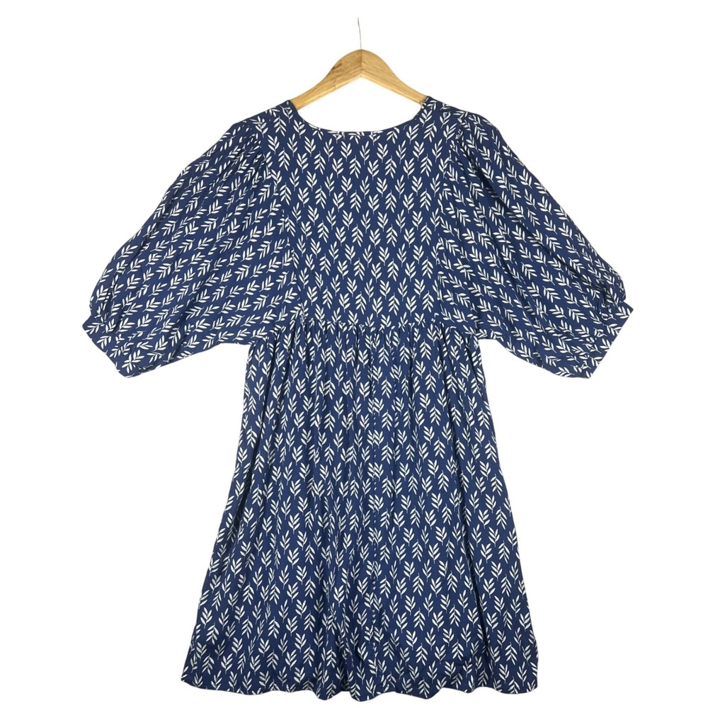 Womans Navy Blue Leaf Print V-Neck Balloon Sleeve Dress Small NWT Boho Peasant - Picture 7 of 7